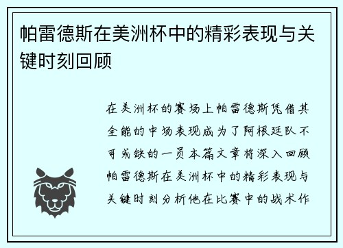帕雷德斯在美洲杯中的精彩表现与关键时刻回顾