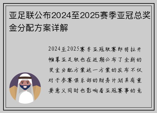 亚足联公布2024至2025赛季亚冠总奖金分配方案详解